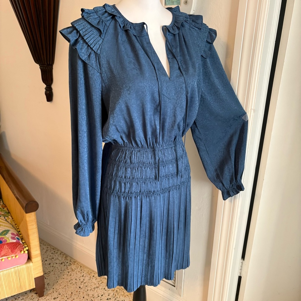 Anthropologie Current Air Long Sleeve Solid Blue Pleated Skirt Dress! NEW no tag